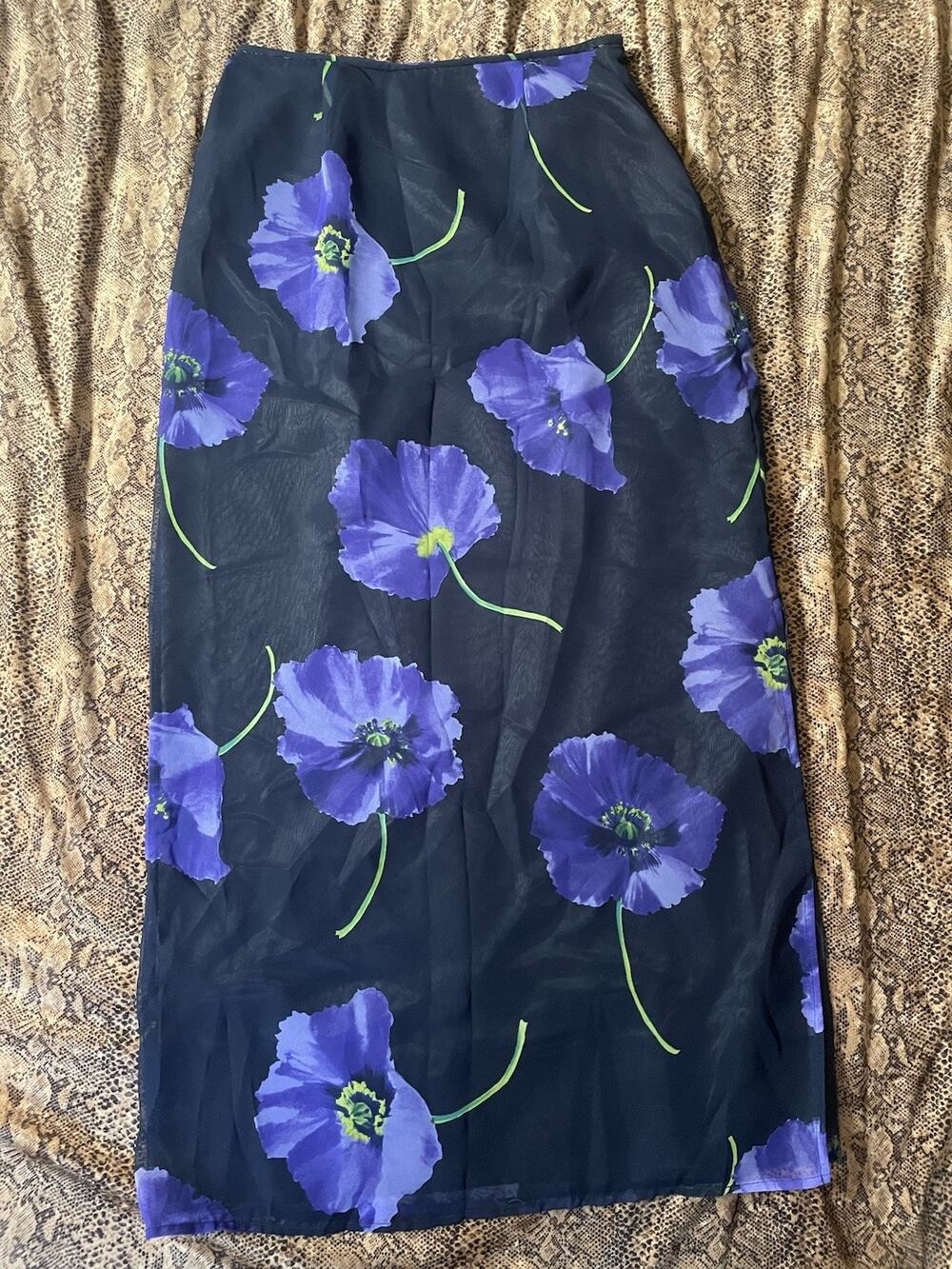 Dramatic Expressions Vintage Blue Purple Poppy Pattern Maxi Skirt Slit Y2K 6
